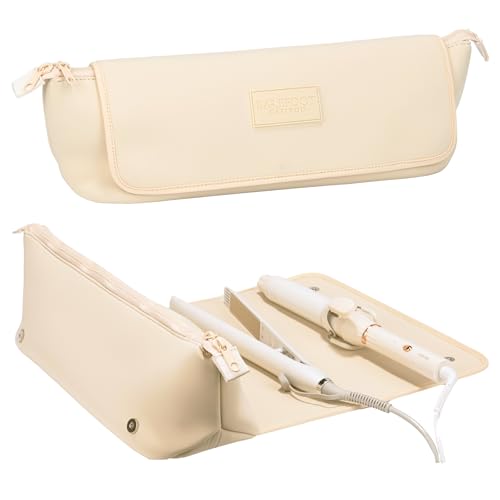 BAREFOOT CARIBOU Hair Tools Travel Bag and Heat Resistant Mat for Flat Irons, Straighteners, Curling Iron, and Haircare Accessories, 2-in-1 Design, with Interior Pockets, Portable Organizer (Ivory)