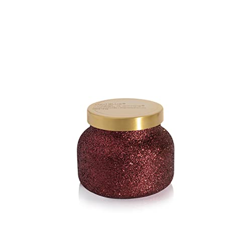 Capri Blue Tinsel &amp; Spice Holiday Candle - Signature Glam Jar Candle - Juniper Berry, Cinnamon &amp; Vanilla Scented Candles - Soy Wax Blend - Christmas Decor - Maroon Glitter Candle Holder (19 oz)