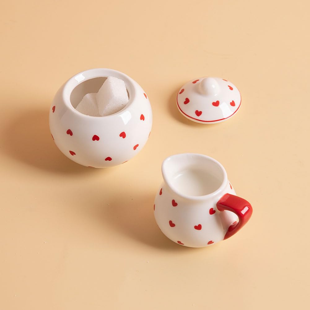Sweejar Porcelain Tea Set for Little Girls,Kitchen Toys Tea Party Set for Kids Toddler Kitchen Pretend Toy Include Children Teapot, Cup &amp; Saucer Set of 4, Sugar Bowl and Cream Pitcher(Pink Polka Dot)