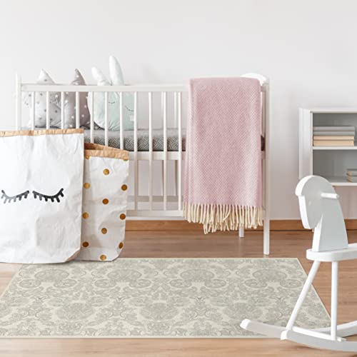 RUGGABLE Disney Traditional Mickey Mouse Washable Rug - Perfect Area Rug for Nursery Playroom Kids Room - Pet &amp; Child Friendly - Stain &amp; Water Resistant - Damask Grey 3&
