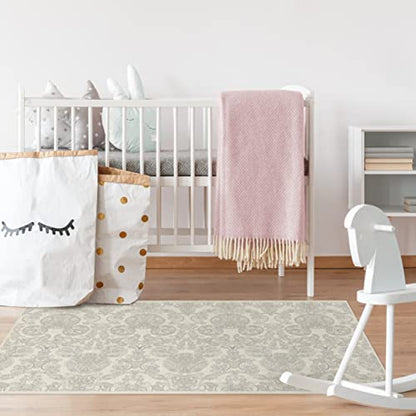 RUGGABLE Disney Traditional Mickey Mouse Washable Rug - Perfect Area Rug for Nursery Playroom Kids Room - Pet &amp; Child Friendly - Stain &amp; Water Resistant - Damask Grey 3&