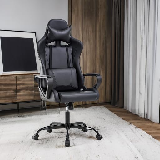 Ergonomic Office Chair, High-Back White Gaming Chair with Lumbar Support PC Computer Chair Racing Chair PU Task Desk Chair Ergonomic Executive Swivel Rolling Chair for Back Pain Women, Men (Black)