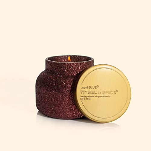 Capri Blue Tinsel &amp; Spice Holiday Candle - Signature Glam Jar Candle - Juniper Berry, Cinnamon &amp; Vanilla Scented Candles - Soy Wax Blend - Christmas Decor - Maroon Glitter Candle Holder (19 oz)