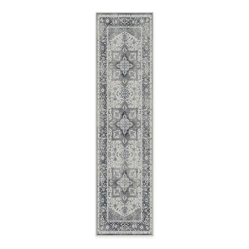 RUGGABLE Kira Runner Rug - Perfect Vintage Washable Rug for Entryway Hallway Kitchen - Pet &amp; Child Friendly - Stain &amp; Water Resistant - Stone Blue 2.5&