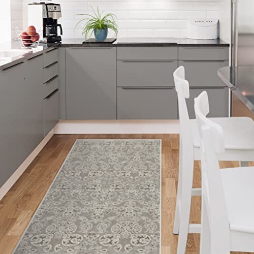 RUGGABLE Disney Traditional Mickey Mouse Washable Rug - Perfect Area Rug for Nursery Playroom Kids Room - Pet &amp; Child Friendly - Stain &amp; Water Resistant - Damask Grey 3&