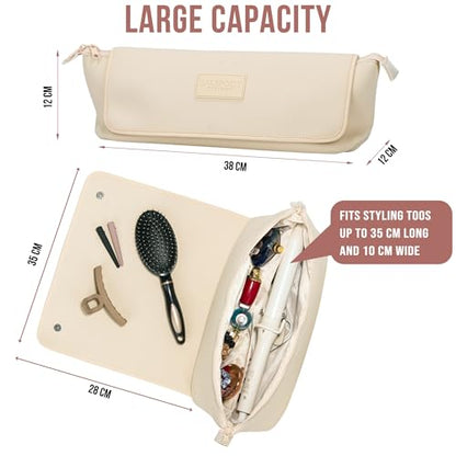 BAREFOOT CARIBOU Hair Tools Travel Bag and Heat Resistant Mat for Flat Irons, Straighteners, Curling Iron, and Haircare Accessories, 2-in-1 Design, with Interior Pockets, Portable Organizer (Ivory)