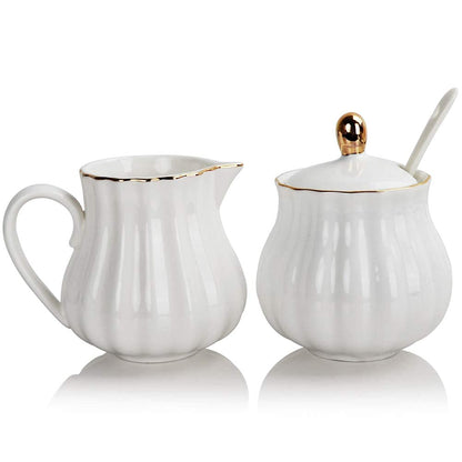 SWEEJAR Royal Ceramic Sugar and Creamer Set &amp; Espresso spoons 18/10 Stainless Steel