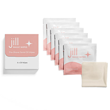 Jill Magic Wipes Pre Shave Dermaplane Oil Wipes for Face 6 Pack | Step 1 to Dermaplane Kit by Jill | Vitamin E, Squalane, Argan &amp; Rosehip Oil