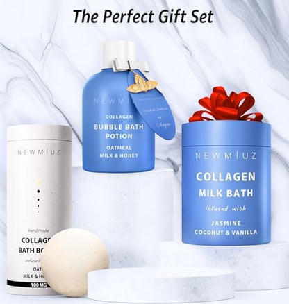 Creamy Collagen Bath Bombs Oatmeal Milk Honey Shea Butter Large Bubble Fizzy Bath Bomb Gift Set for Women Handmade Relaxing Moisturizing for Sensitive Skin Spa Gift Idea Christmas Birthday