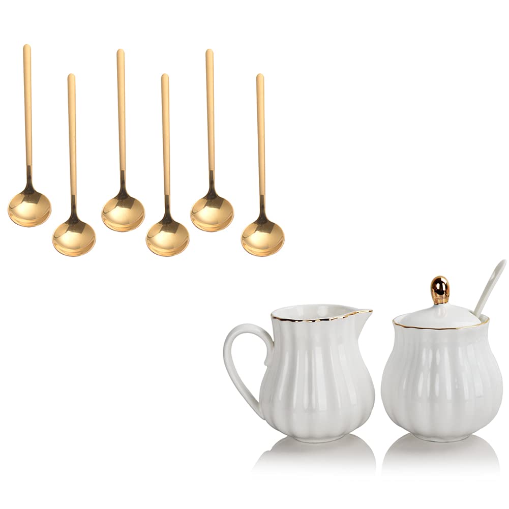 SWEEJAR Royal Ceramic Sugar and Creamer Set &amp; Espresso spoons 18/10 Stainless Steel