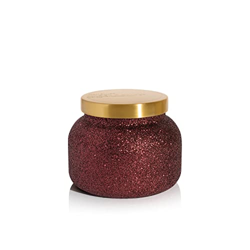 Capri Blue Tinsel &amp; Spice Holiday Candle - Signature Glam Jar Candle - Juniper Berry, Cinnamon &amp; Vanilla Scented Candles - Soy Wax Blend - Christmas Decor - Maroon Glitter Candle Holder (19 oz)