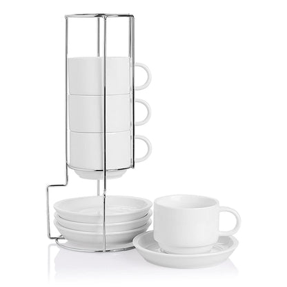 Sweejar Porcelain Espresso Cups with Saucers, 2.5 Ounce Stackable Cappuccino Cups with Metal Stand for Coffee Drinks, Latte, Tea - Set of 4 (Black)