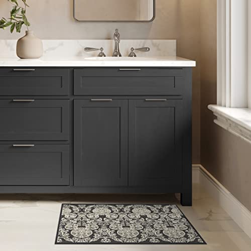 RUGGABLE Disney Traditional Mickey Mouse Washable Rug - Perfect Area Rug for Nursery Playroom Kids Room - Pet &amp; Child Friendly - Stain &amp; Water Resistant - Damask Grey 3&