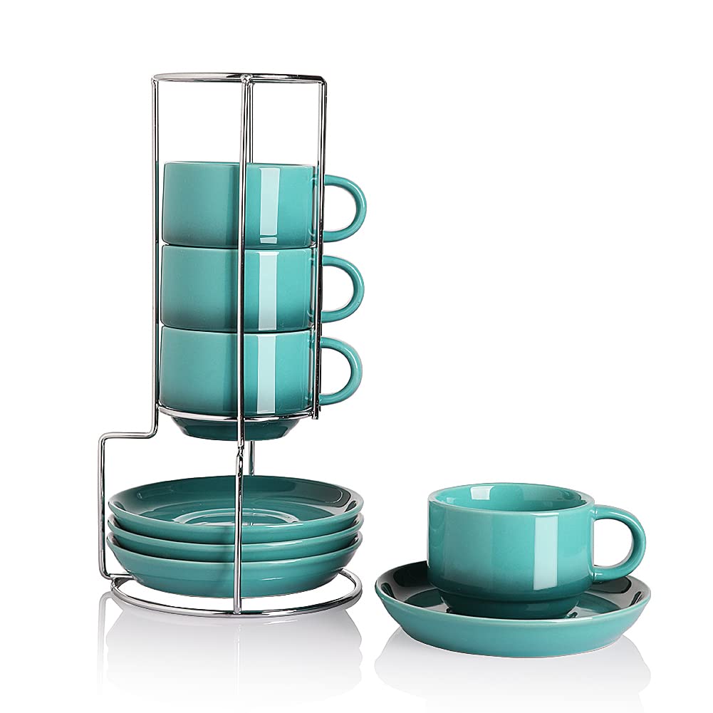 Sweejar Porcelain Espresso Cups with Saucers, 2.5 Ounce Stackable Cappuccino Cups with Metal Stand for Coffee Drinks, Latte, Tea - Set of 4 (Black)