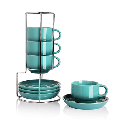Sweejar Porcelain Espresso Cups with Saucers, 2.5 Ounce Stackable Cappuccino Cups with Metal Stand for Coffee Drinks, Latte, Tea - Set of 4 (Black)