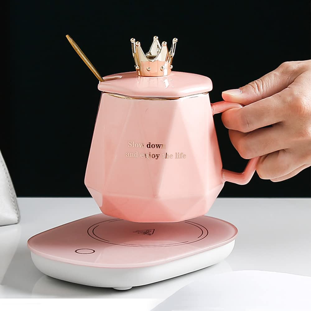 Coffee Warmer for Desk, with Mug Set. Cup Warmer with Automatic Shut Off, Drink Warmer for Cocoa, Tea, Milk. Gift for Women‘s Day Best Friend Woman Bestie Ladies Aunt Friends Birthday(Pink)