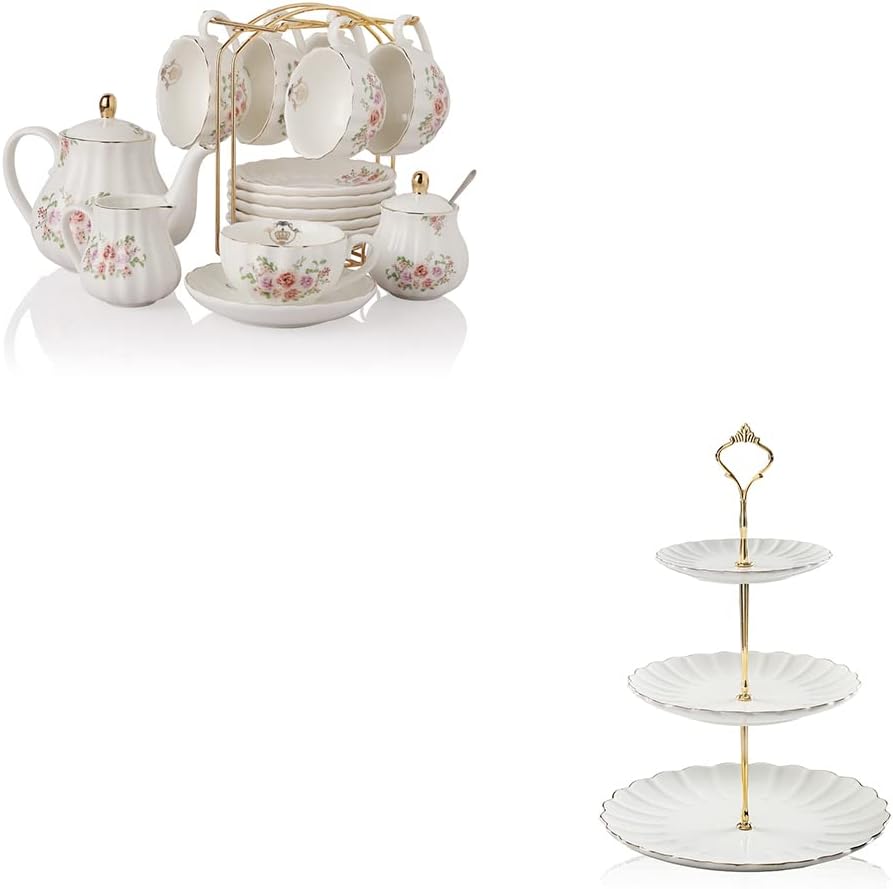 Sweejar Porcelain Tea Sets British Royal Series and 3 Tier Ceramic Cake Stand(Rose Flower)