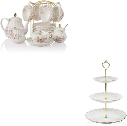 Sweejar Porcelain Tea Sets British Royal Series and 3 Tier Ceramic Cake Stand(Rose Flower)