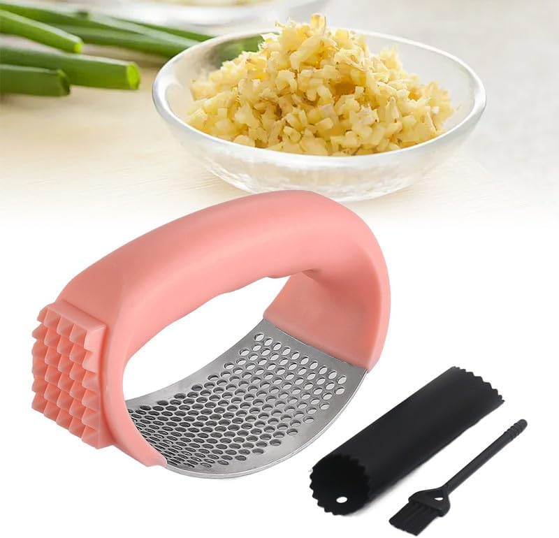 Upgraded Garlic Press Rocker, 2024 New Stainless Steel Garlic Presser, Garlic Mincer Crusher Masher with Peeler and Cleaning Brush, Garlic Chopper for Smash Garlic Kitchen Gadgets Tools (Pink)