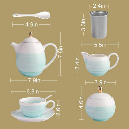 Sweejar Porcelain Tea Sets, 8 OZ Cups &amp; Saucer Service for 4, Teapot Sugar Bowl Cream Pitcher Teaspoons and Tea Strainer for Adult Tea Coffee Afternoon Party(Blue)