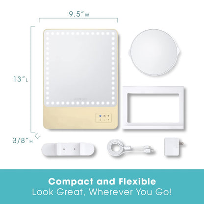 Glamcor Riki Skinny Smart Vanity Mirror with HD LEDs, Magnifying Mirror Attachment, Phone Holder and Bluetooth Control (Champagne Gold, 5X Magnification)