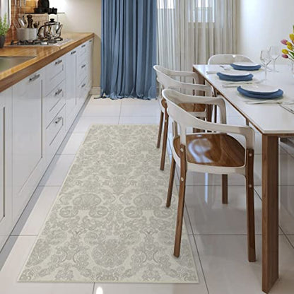 RUGGABLE Disney Traditional Mickey Mouse Washable Rug - Perfect Area Rug for Nursery Playroom Kids Room - Pet &amp; Child Friendly - Stain &amp; Water Resistant - Damask Grey 3&