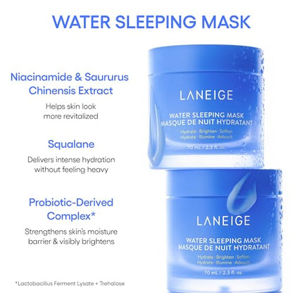 LANEIGE Icons To Go &amp; Besties Set: Water Bank Cream, Cream Skin, Water Sleeping Mask, Lip Sleeping Mask, Hyaluronic Acid, Squalane, Coconut Oil, Vitamin C, Travel Friendly