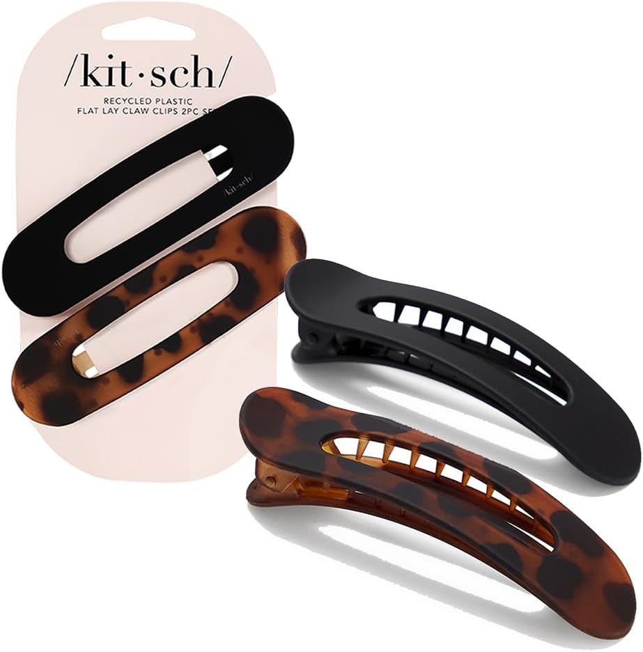 Kitsch Flat Hair Clips - Stylish Lay Down Claw Clips for Women with Thick Hair | Big Alligator Hair Clips for a Sleek Look | Large Hair Clips, 2pc (Black &amp; Tortoise)
