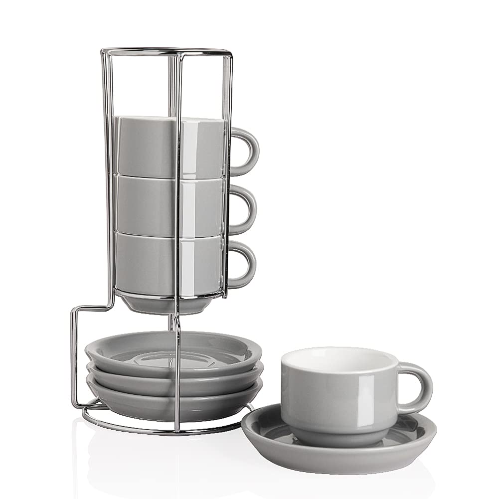 Sweejar Porcelain Espresso Cups with Saucers, 2.5 Ounce Stackable Cappuccino Cups with Metal Stand for Coffee Drinks, Latte, Tea - Set of 4 (Black)