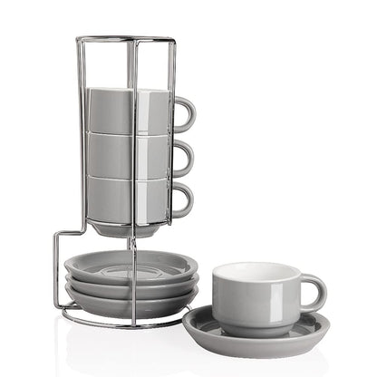 Sweejar Porcelain Espresso Cups with Saucers, 2.5 Ounce Stackable Cappuccino Cups with Metal Stand for Coffee Drinks, Latte, Tea - Set of 4 (Black)