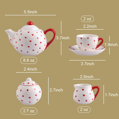 Sweejar Porcelain Tea Set for Little Girls,Kitchen Toys Tea Party Set for Kids Toddler Kitchen Pretend Toy Include Children Teapot, Cup &amp; Saucer Set of 4, Sugar Bowl and Cream Pitcher(Pink Polka Dot)