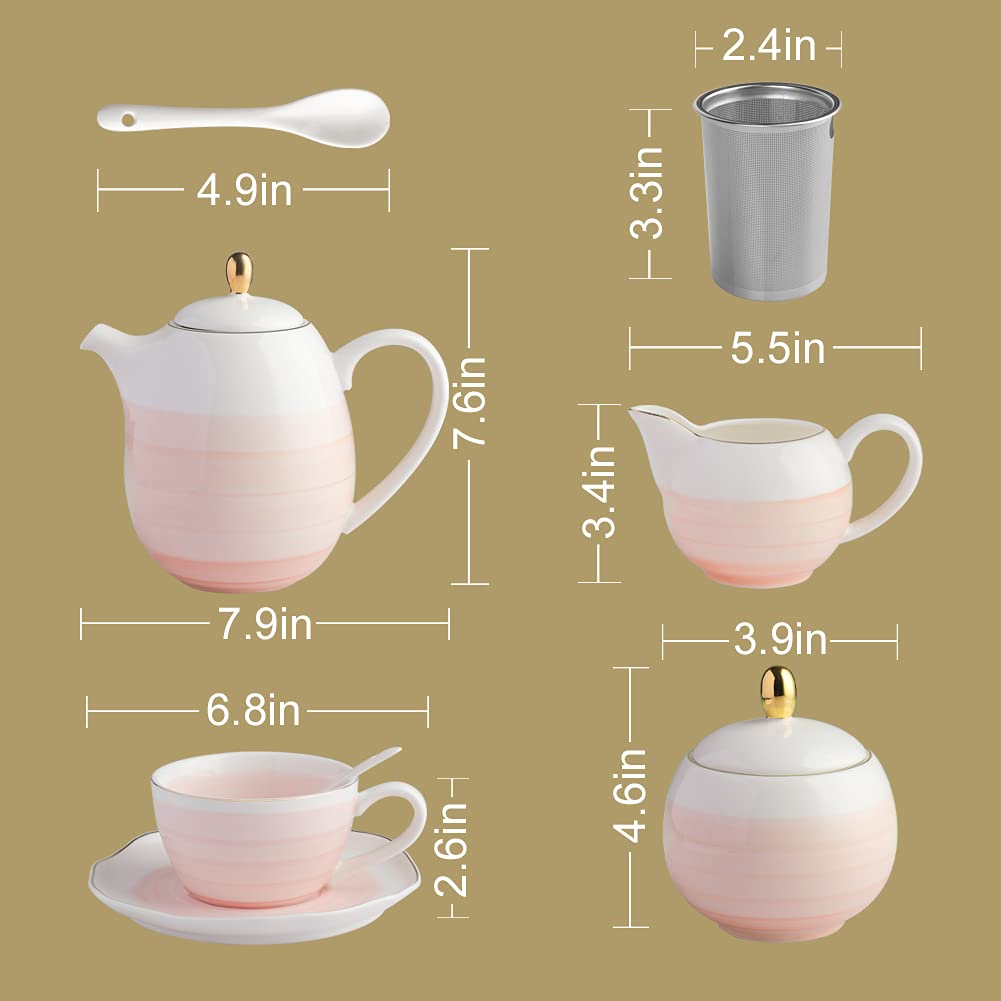 Sweejar Porcelain Tea Sets, 8 OZ Cups &amp; Saucer Service for 4, Teapot Sugar Bowl Cream Pitcher Teaspoons and Tea Strainer for Adult Tea Coffee Afternoon Party(Blue)