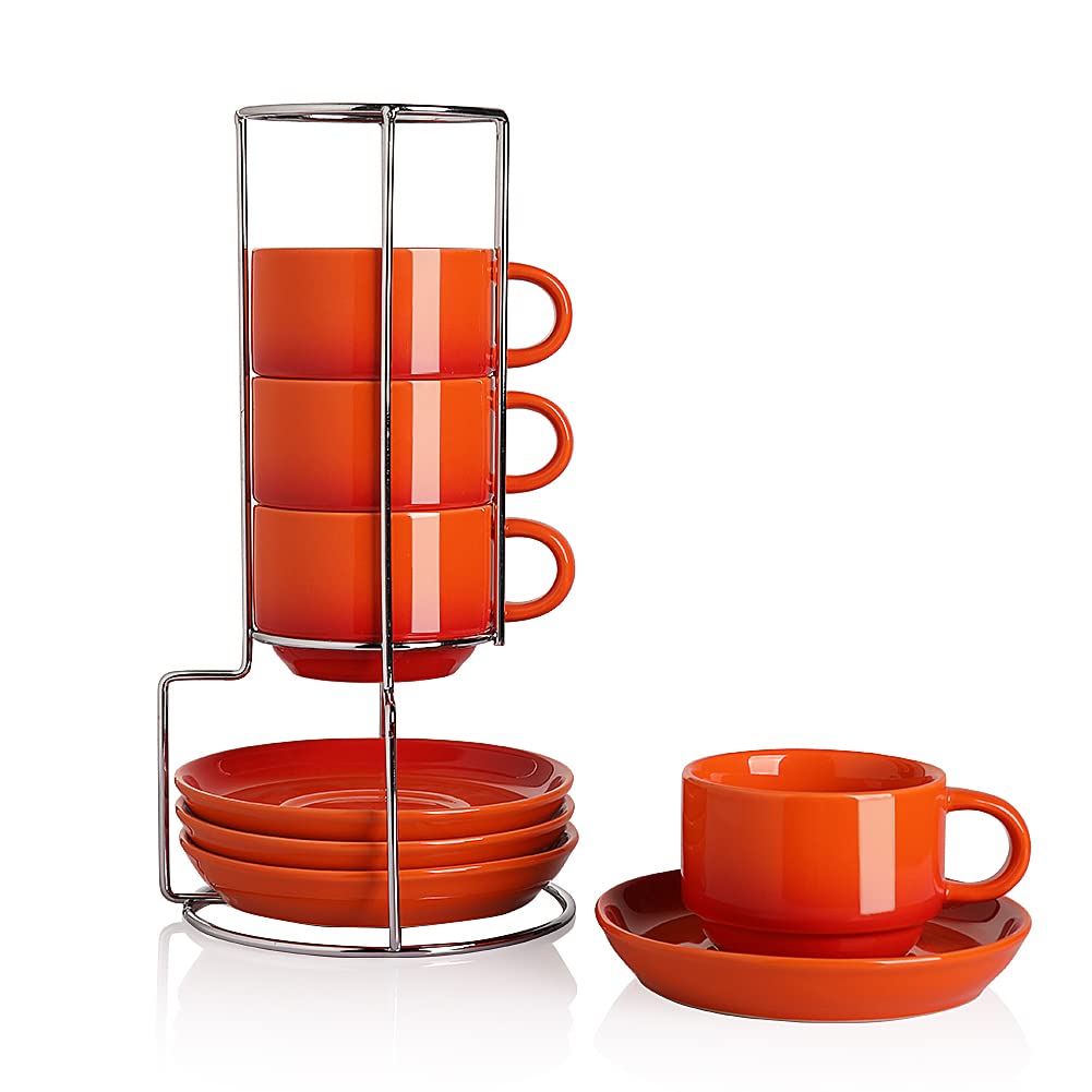 Sweejar Porcelain Espresso Cups with Saucers, 2.5 Ounce Stackable Cappuccino Cups with Metal Stand for Coffee Drinks, Latte, Tea - Set of 4 (Black)