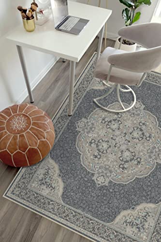 RUGGABLE Disney Traditional Mickey Mouse Washable Rug - Perfect Area Rug for Nursery Playroom Kids Room - Pet &amp; Child Friendly - Stain &amp; Water Resistant - Damask Grey 3&