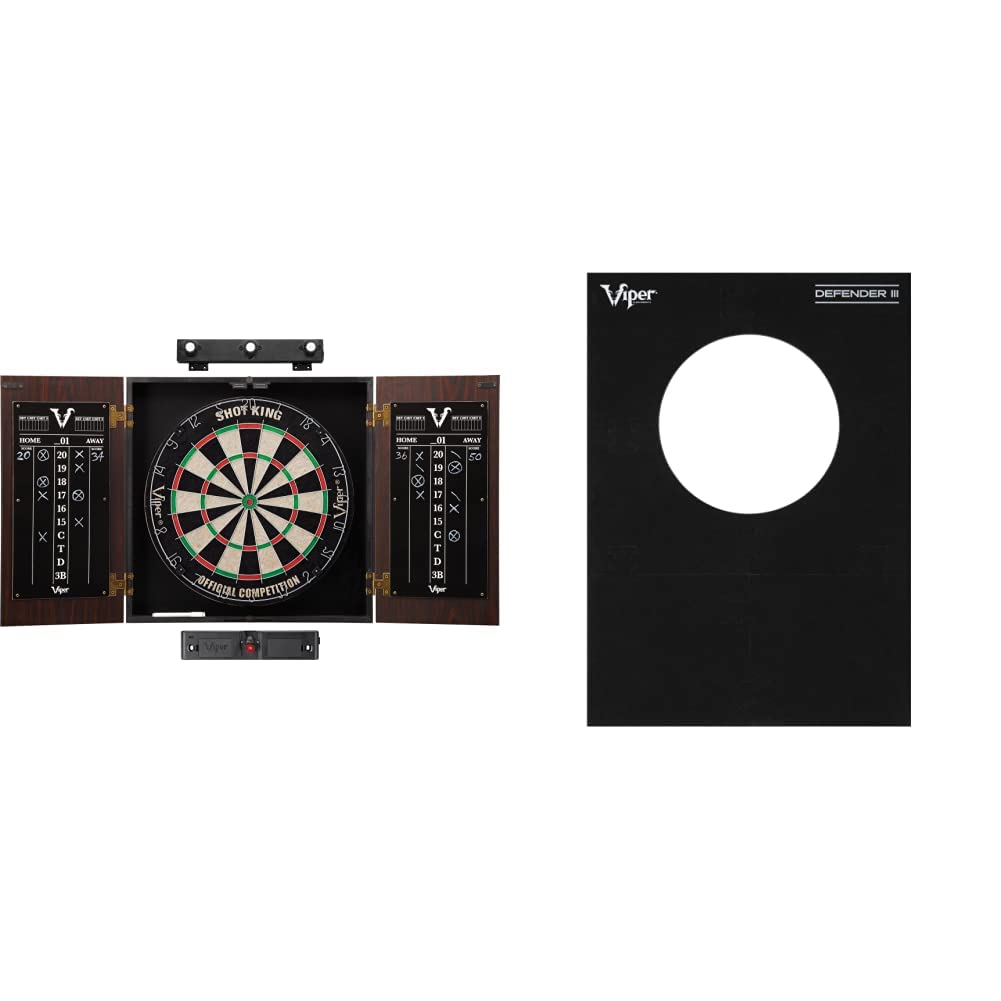 Viper Stadium Cabinet &amp; Shot King Sisal/Bristle Dartboard Ready-to-Play Bundle with Two Sets of Steel-Tip Darts, Throw Line, and Dry Erase Scoreboards, Walnut Finish