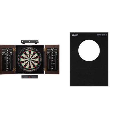 Viper Stadium Cabinet &amp; Shot King Sisal/Bristle Dartboard Ready-to-Play Bundle with Two Sets of Steel-Tip Darts, Throw Line, and Dry Erase Scoreboards, Walnut Finish