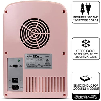 Koolatron Retro Mini Portable Fridge, 4L Compact Refrigerator for Skincare, Beauty Serum, Face Mask, Personal Cooler, Includes 12V Car Adapter, Desktop Accessory for Home Office Dorm Travel, Pink