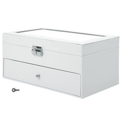 MyGift Deluxe White Wood Sunglasses Organizer, Eyewear Display Box, 2 Layer Storage Case with Glass Lid and Leatherette Trim, Holds up to 12 Pairs of Glasses