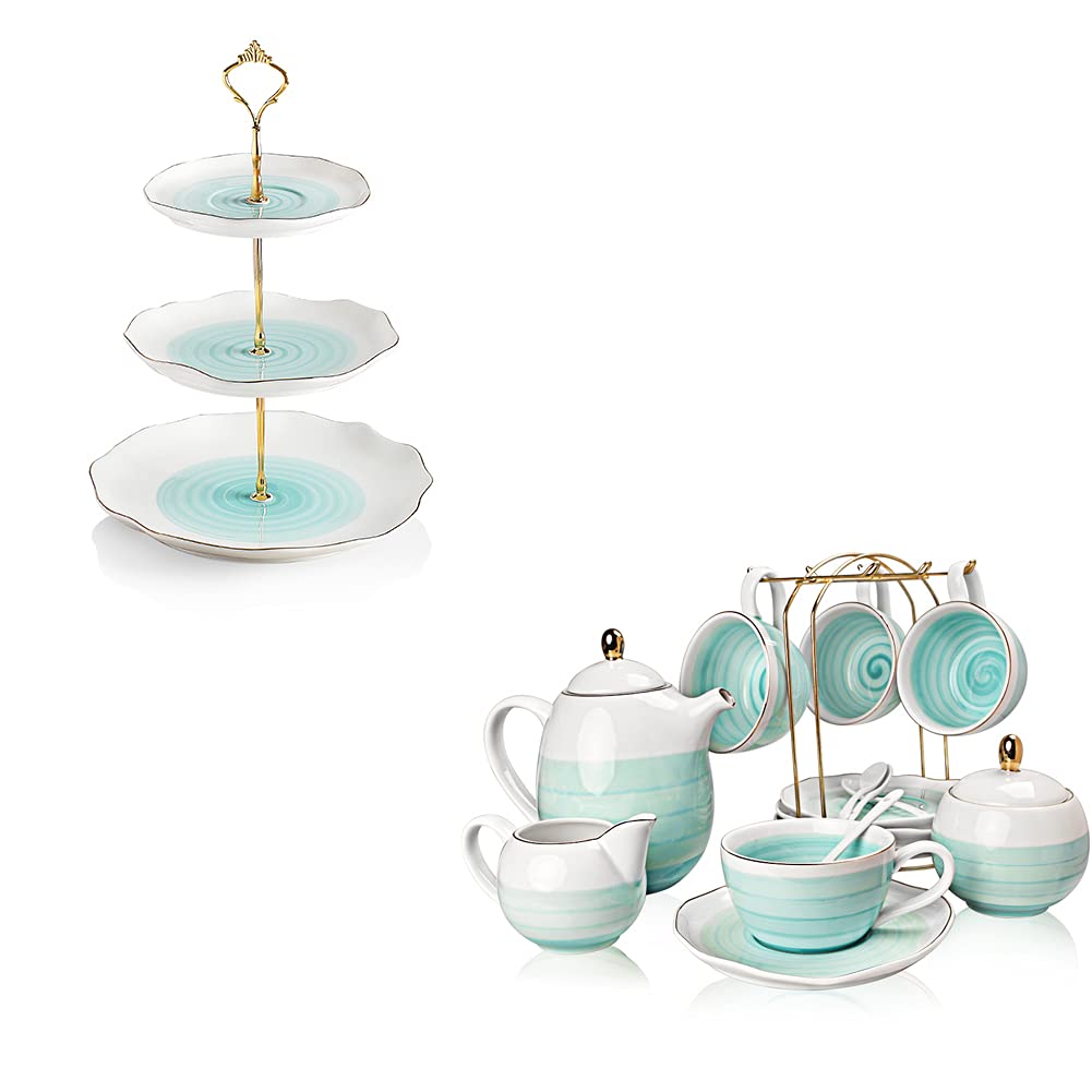SWEEJAR Porcelain Tea Sets &amp; SWEEJAR 3 Tier Ceramic Cake Stand