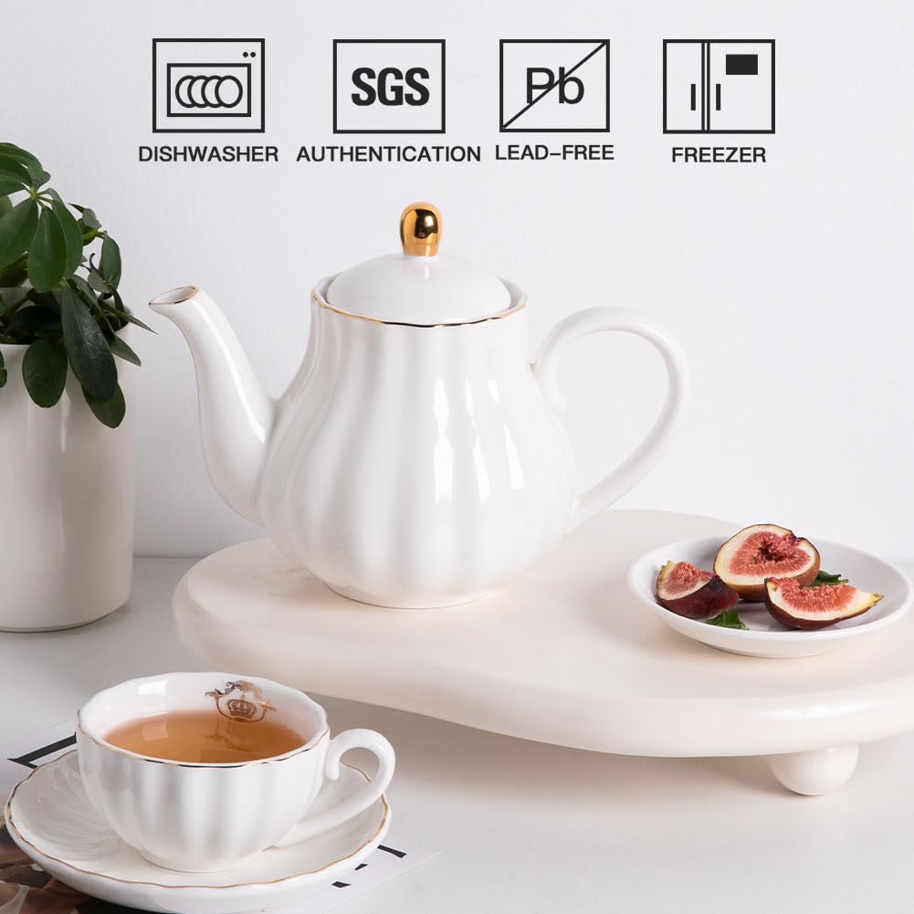 Sweejar Royal Teapot, Ceramic Tea Pot with Removable Stainless Steel Infuser, Blooming &amp; Loose Leaf Teapot - 28 Ounce(White)