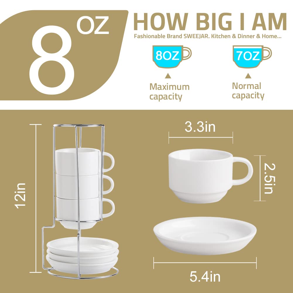 Sweejar Porcelain Espresso Cups with Saucers, 2.5 Ounce Stackable Cappuccino Cups with Metal Stand for Coffee Drinks, Latte, Tea - Set of 4 (Black)