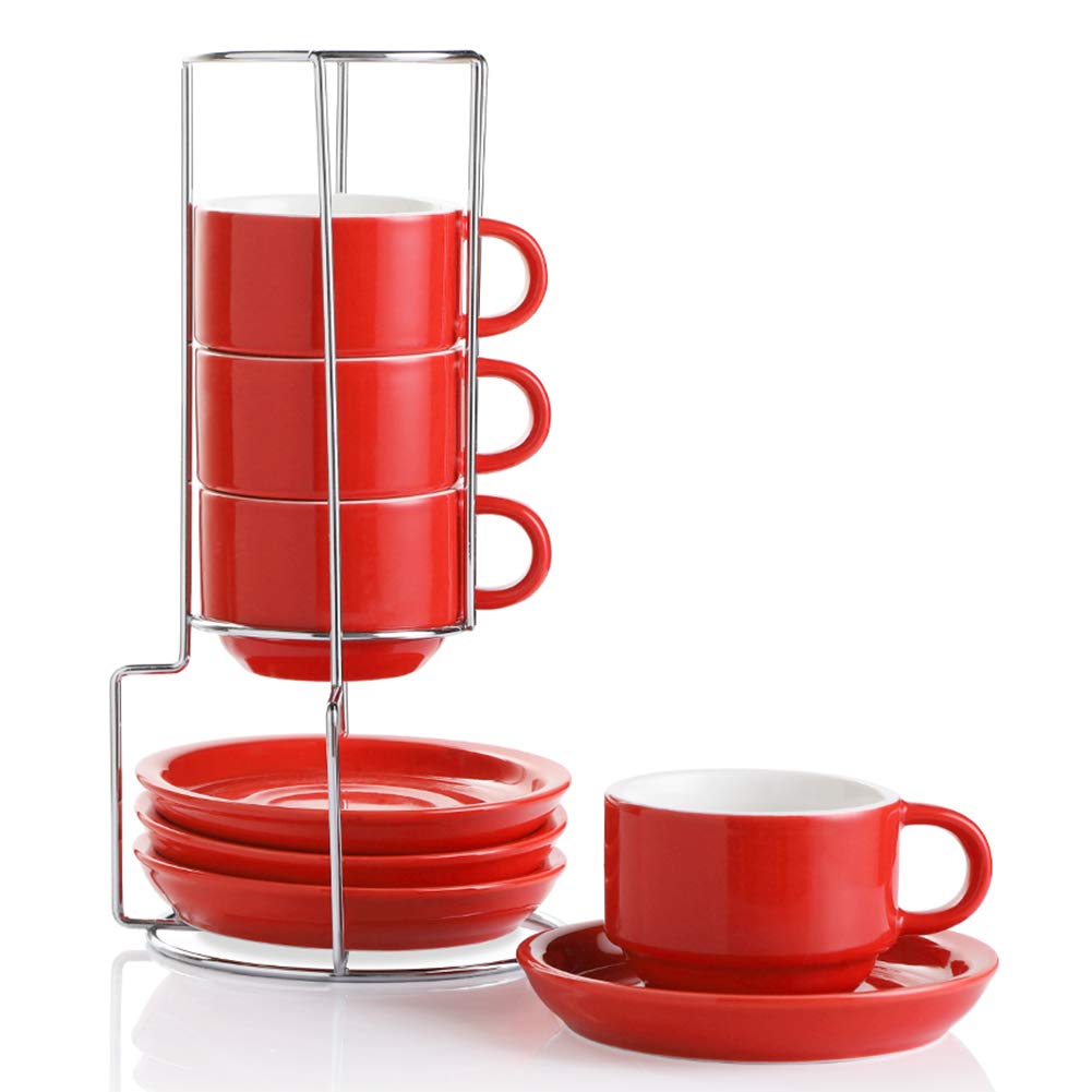 Sweejar Porcelain Espresso Cups with Saucers, 2.5 Ounce Stackable Cappuccino Cups with Metal Stand for Coffee Drinks, Latte, Tea - Set of 4 (Black)