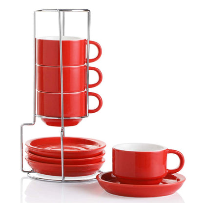 Sweejar Porcelain Espresso Cups with Saucers, 2.5 Ounce Stackable Cappuccino Cups with Metal Stand for Coffee Drinks, Latte, Tea - Set of 4 (Black)