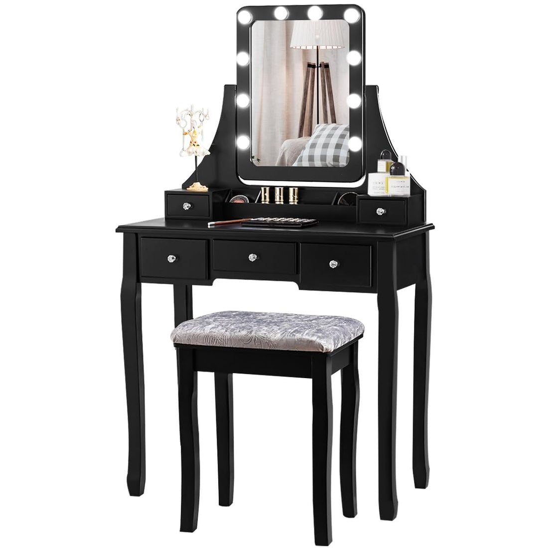 DORTALA Vanity Table Set with 360° Mirror &amp; Cushioned Stool, Makeup Table with 10 LED Dimmable Bulbs, Bedroom Wood Dressing Table with 5 Drawers and Removable Box Organizer, Gift for Females (White)