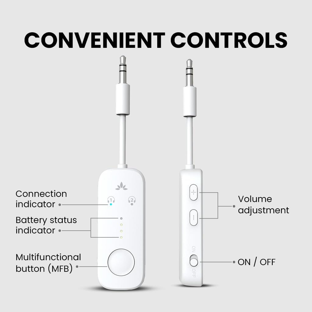 Avantree Relay - Premium Airplane Bluetooth 5.3 Adapter, Supports 2 AirPods or Headphones with aptX-Low Latency - 3.5mm AUX Jack Wireless Audio Transmitter for Planes, Travel, Airline, TV, Gym, Tablet