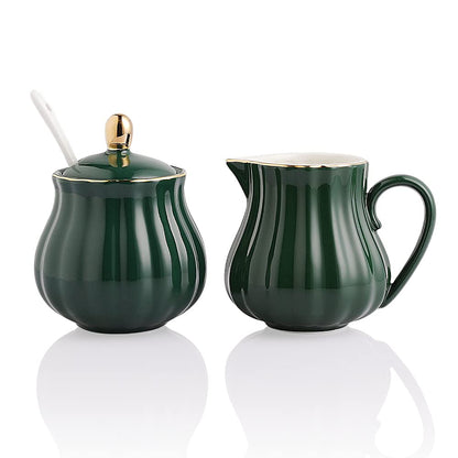 Sweejar Royal Ceramic Sugar and Creamer Set, 3 Piece Set with Cream Pitcher, Sugar Bowl, Sugar Set with Lid &amp; Spoon, Coffee Serving Set Wedding Gift(White)