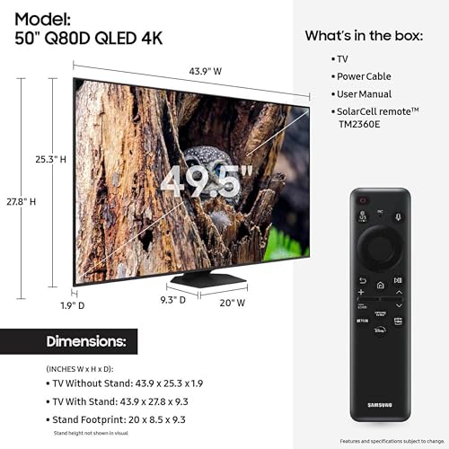 SAMSUNG 50-Inch Class QLED 4K Q80D Series Quantum HDR+ Smart TV w/Dolby Atmos, Object Tracking Sound Lite, Direct Full Array, Motion Xcelerator, Alexa Built-in (QN50Q80D, 2024 Model)