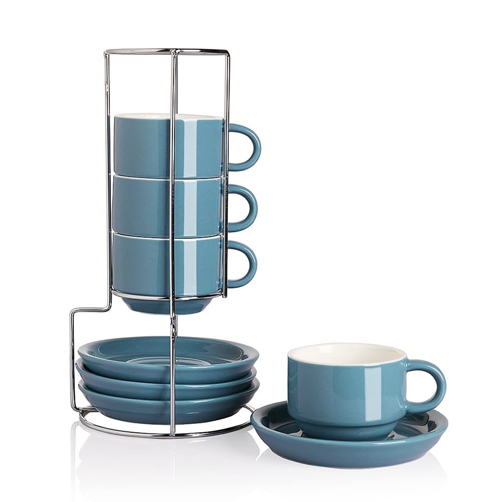 Sweejar Porcelain Espresso Cups with Saucers, 2.5 Ounce Stackable Cappuccino Cups with Metal Stand for Coffee Drinks, Latte, Tea - Set of 4 (Black)