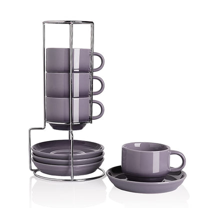 Sweejar Porcelain Espresso Cups with Saucers, 2.5 Ounce Stackable Cappuccino Cups with Metal Stand for Coffee Drinks, Latte, Tea - Set of 4 (Black)