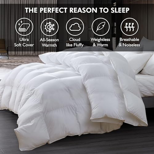 Luxurious Queen Size Goose Down Fiber Waterfowl Feather Fiber Comforter Duvet, 100% Egyptian Cotton Cover, 48 oz. Fill Weight, Baffle Box Design, White Solid